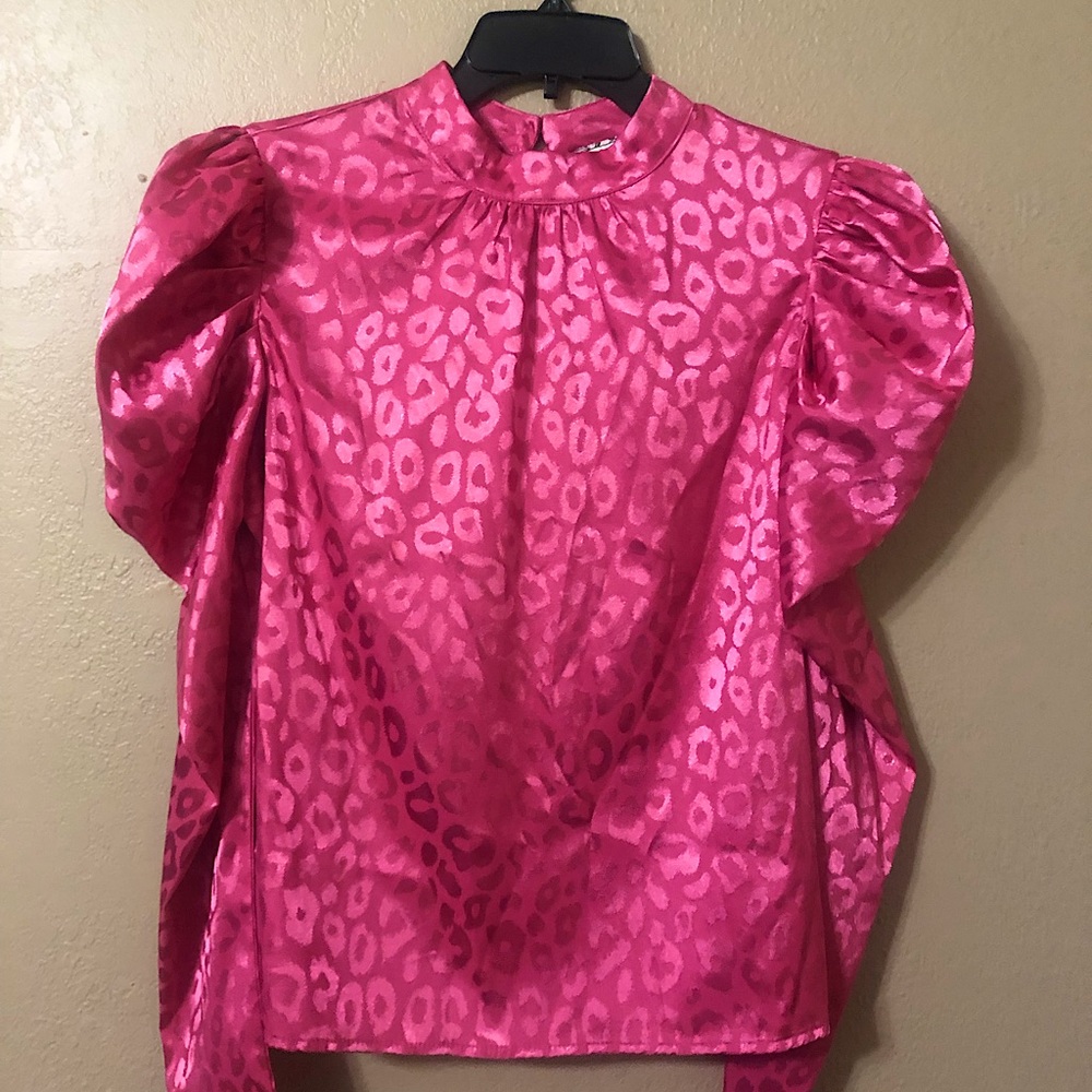 Hot Pink Leopard Print Silk Puff Sleeve Long-sleeve Mock Neck Top A. Calin
